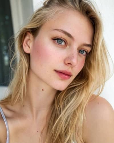 put makeup - selfie of blond woman after putting make up