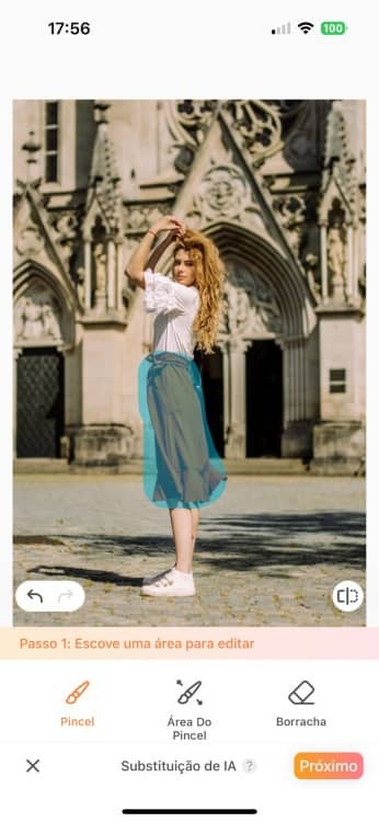 AirBrush AI Replace App Screenshot PT - woman in red skirt brush