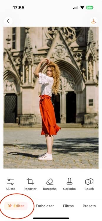 AirBrush AI Replace App Screenshot PT - woman in red skirt edit