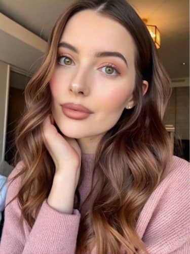 try lipstick - woman in pink sweater after