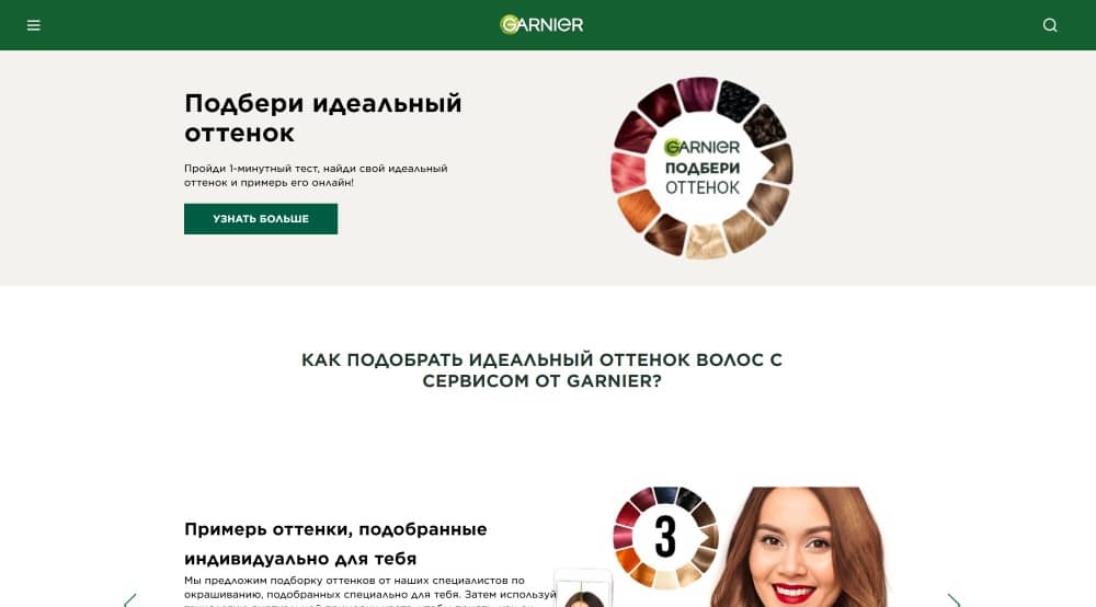 Garnier Web Screenshot RU - hair colour changer