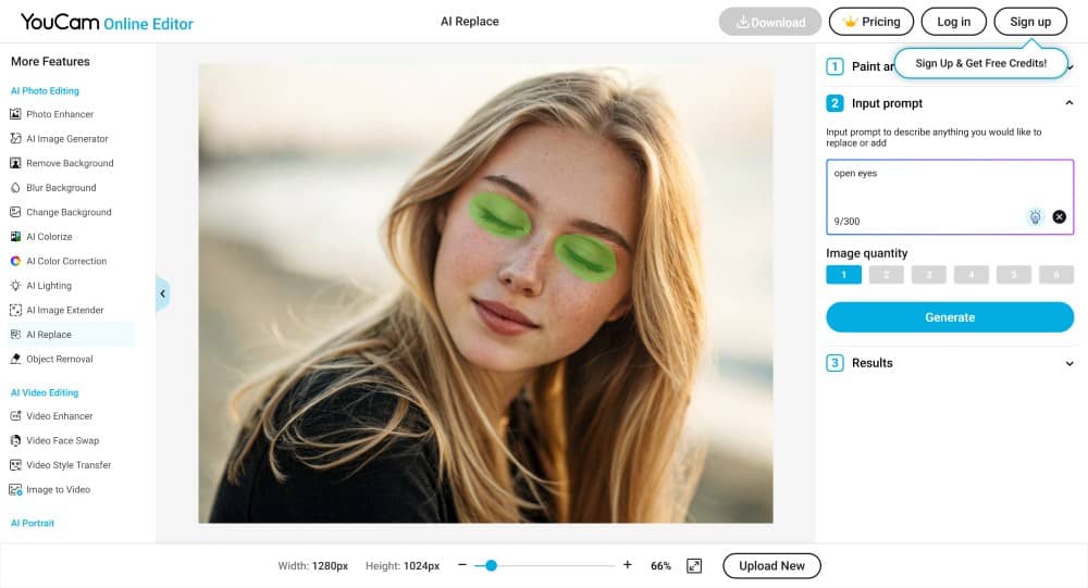 YouCam Web Screenshot EN - ai replace open closed eyes promt