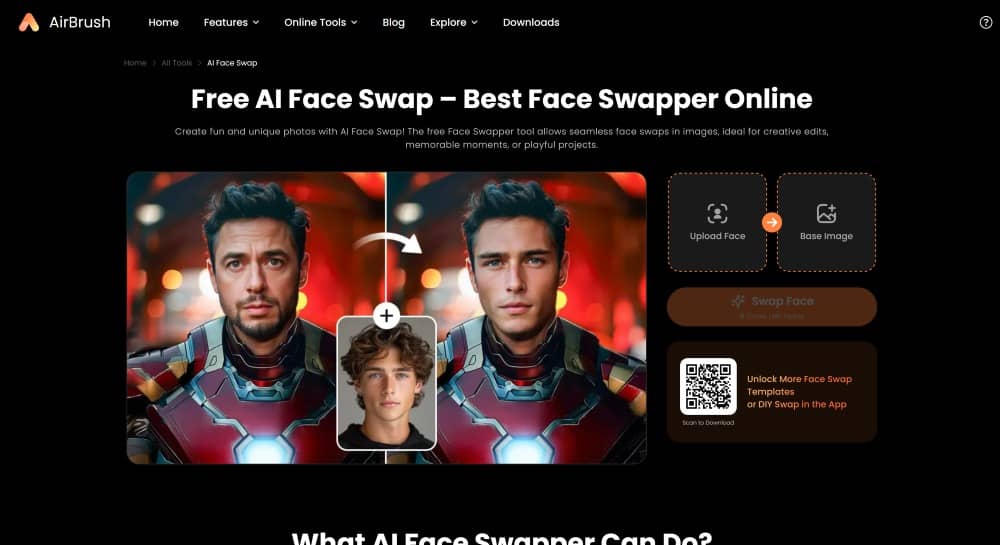 AirBrush Web Screenshot EN - AI Face Swap main page