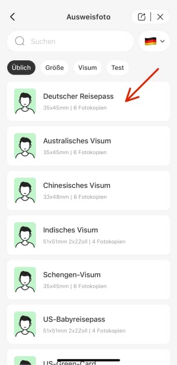 AirBrush App Screenshot GE - passport photo choose format and country