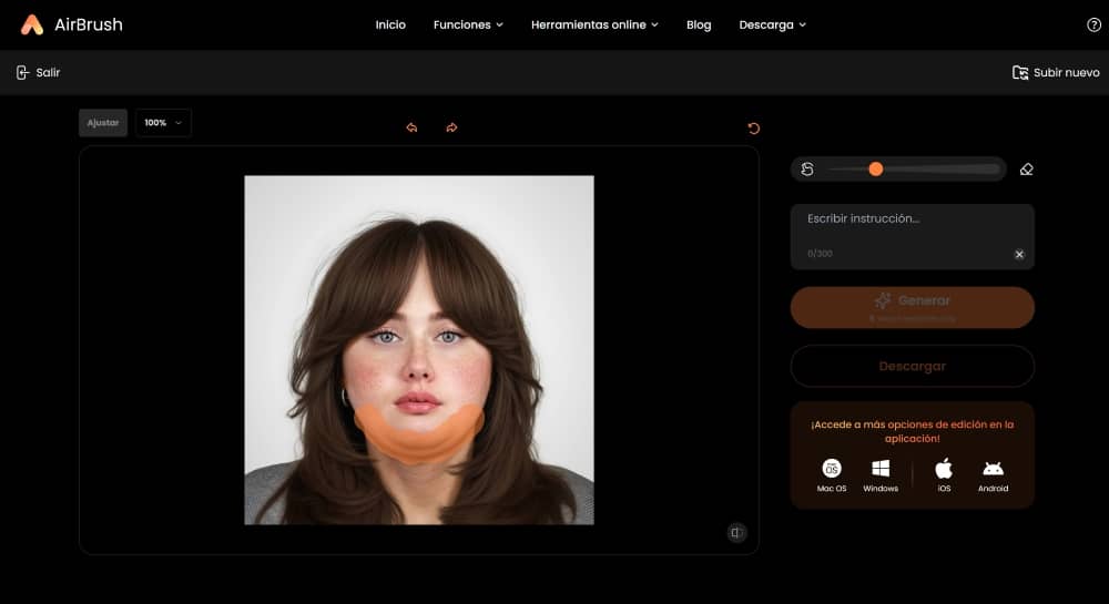 AirBrush Web Screenshot ES - ai replacer remove double chin highlight