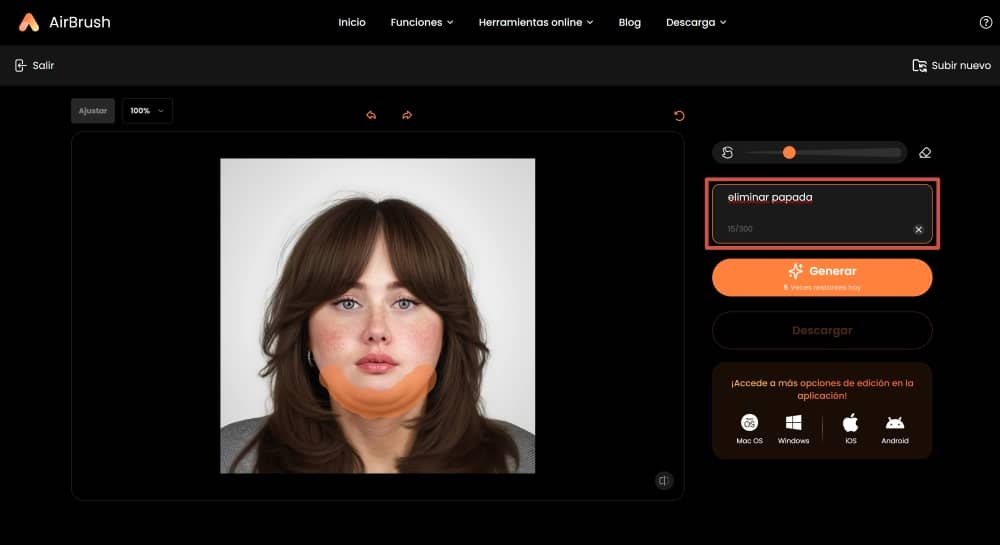 AirBrush Web Screenshot ES - ai replacer remove double chin promnt 