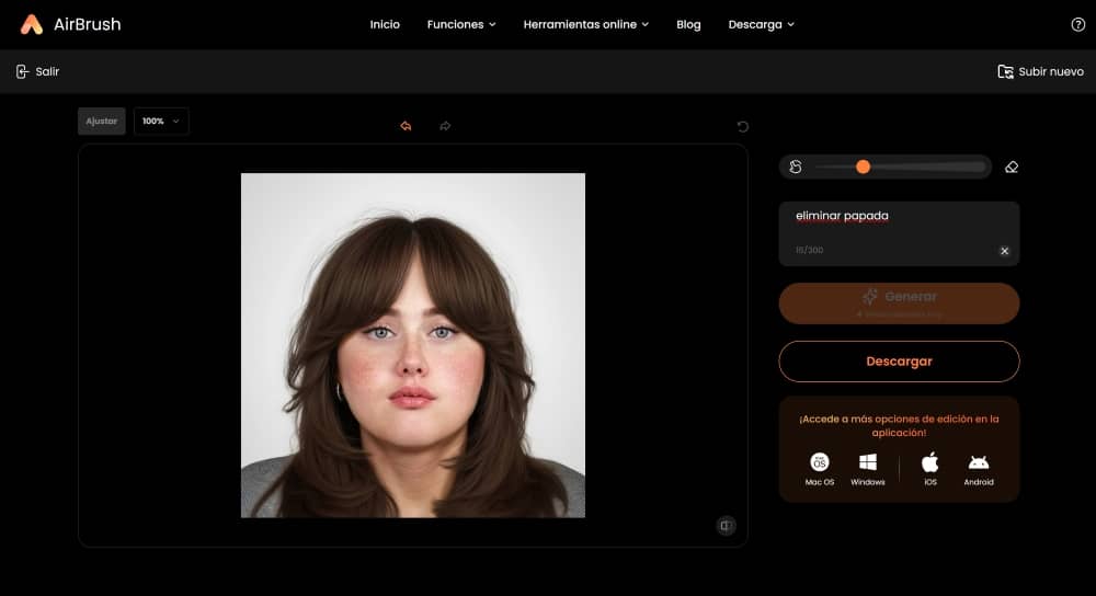 AirBrush Web Screenshot ES - ai replacer remove double chin result