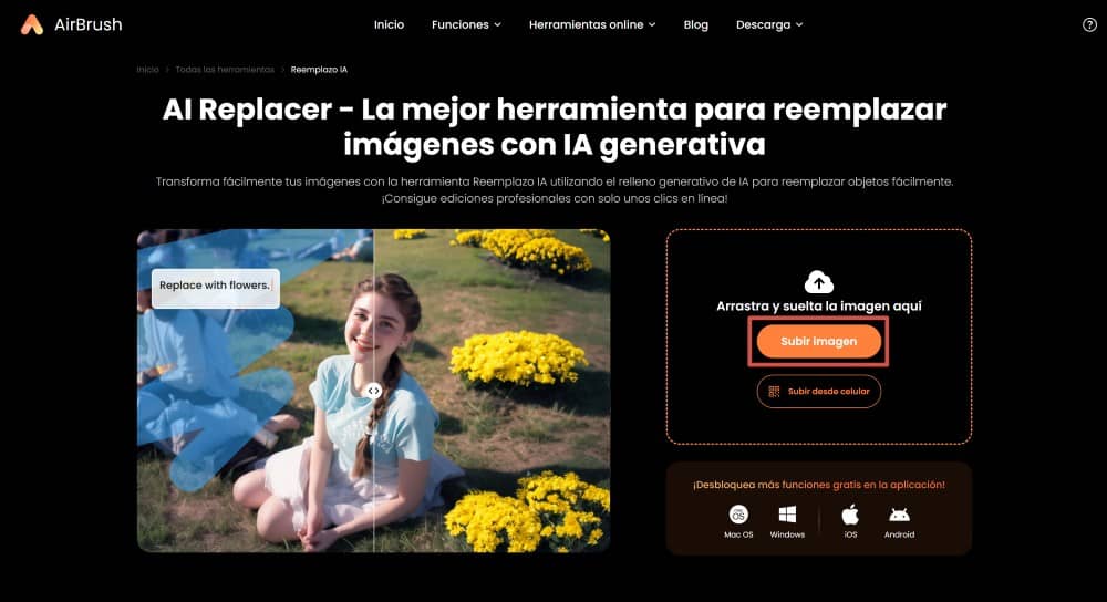 AirBrush Web Screenshot ES - ai replacer remove double chin upload image