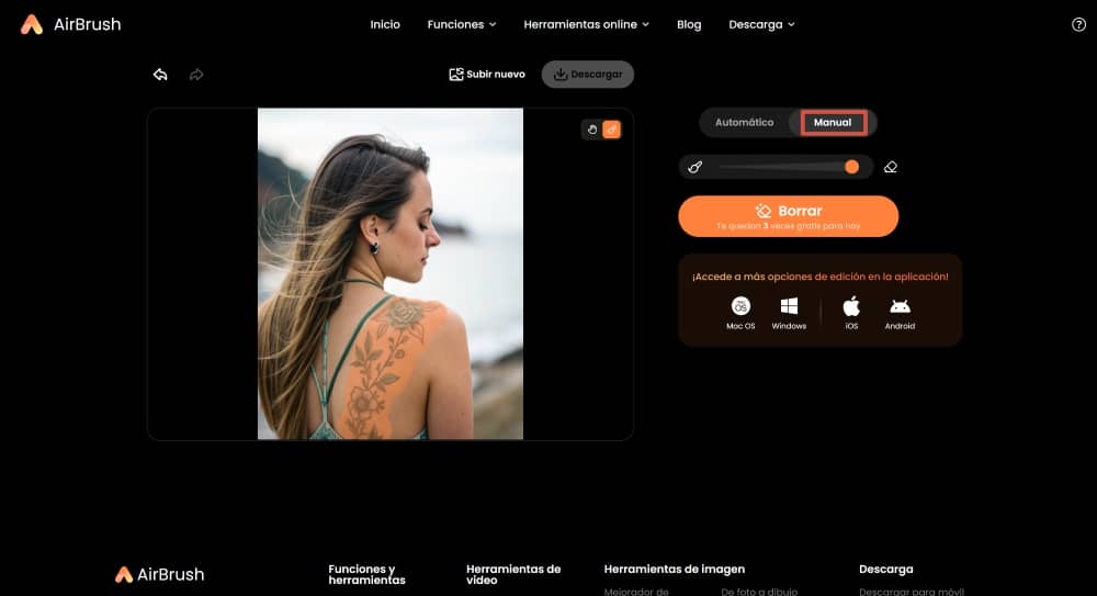 AirBrush Web Screenshot ES - remove tattoo AI object remover use the brush