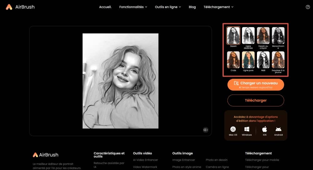 AirBrush Web Screenshot FR - Photo to Sketch choose a style