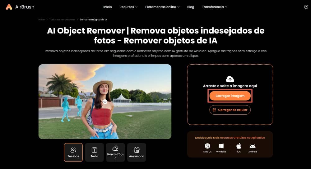 AirBrush Web Screenshot PT - AI Object Remover main page upload image