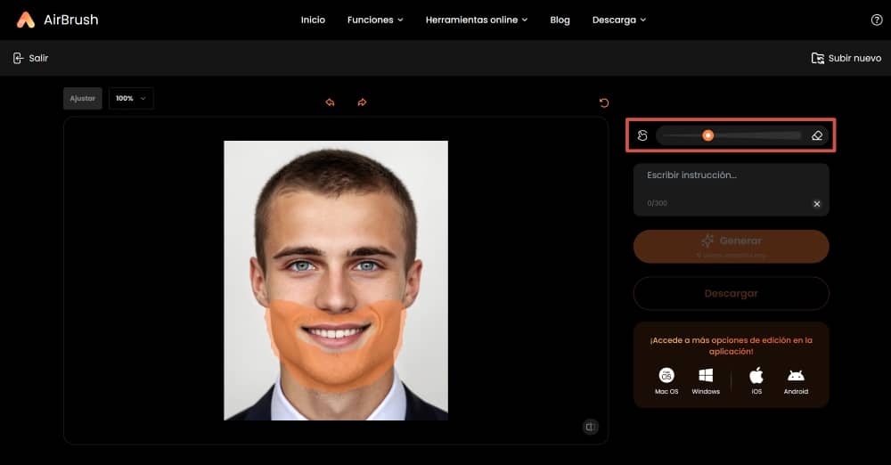AirBrush Web Screenshot ES - AI Replacer beard filter change the size of the cursor