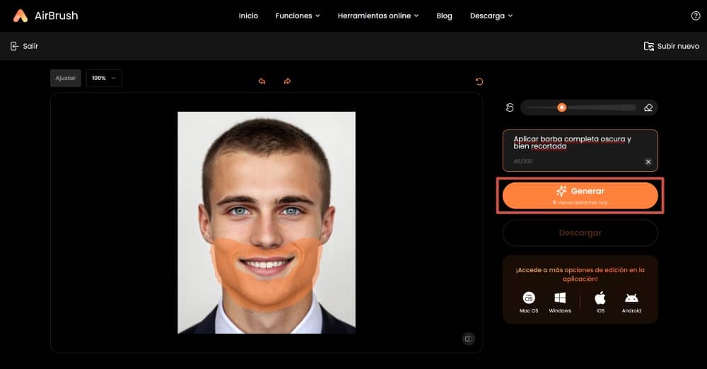 AirBrush Web Screenshot ES - AI Replacer beard filter generate