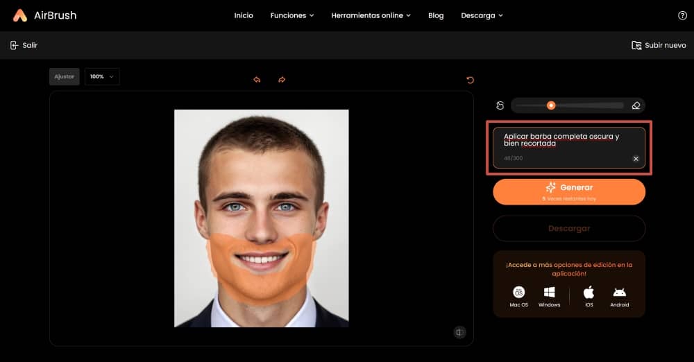 AirBrush Web Screenshot ES - AI Replacer beard filter write prompt