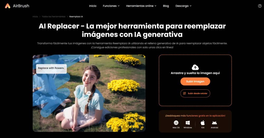 AirBrush Web Screenshot ES - AI Replacer main page