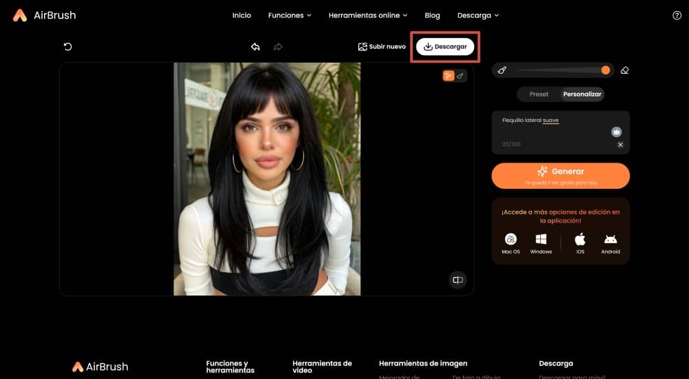 AirBrush Web Screenshot ES - ai hairstyle changer bangs filter custom download