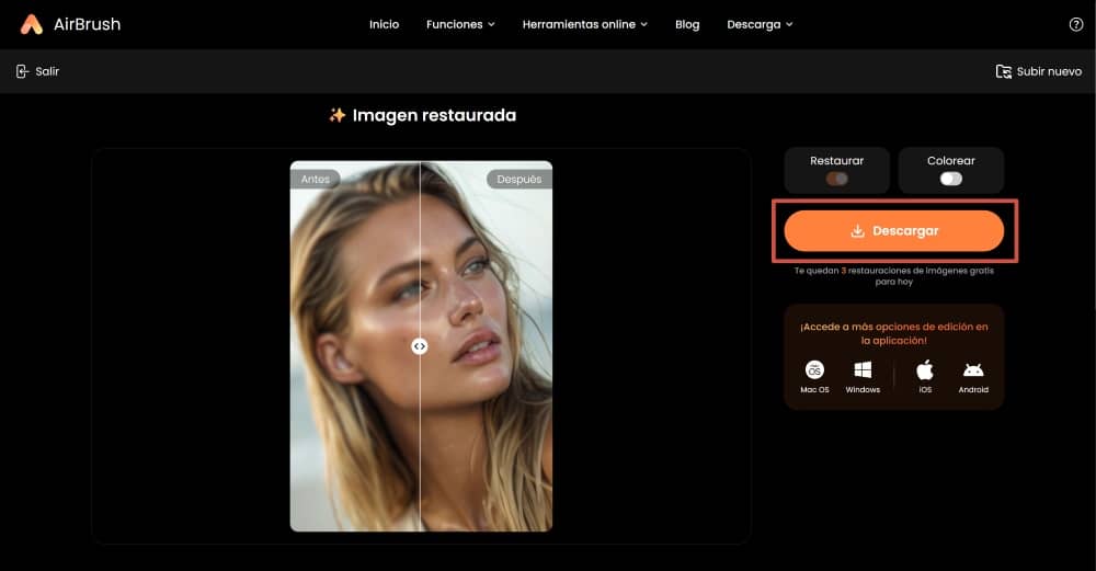AirBrush Web Screenshot ES - photo restoration download the result