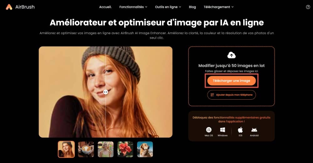 AirBrush Web Screenshot FR - unblur image image enhancer upload image