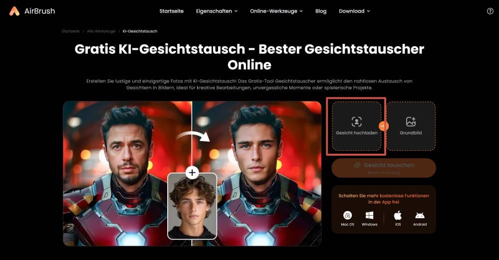 AirBrush Web Screenshot GE - Face Swap upload photo