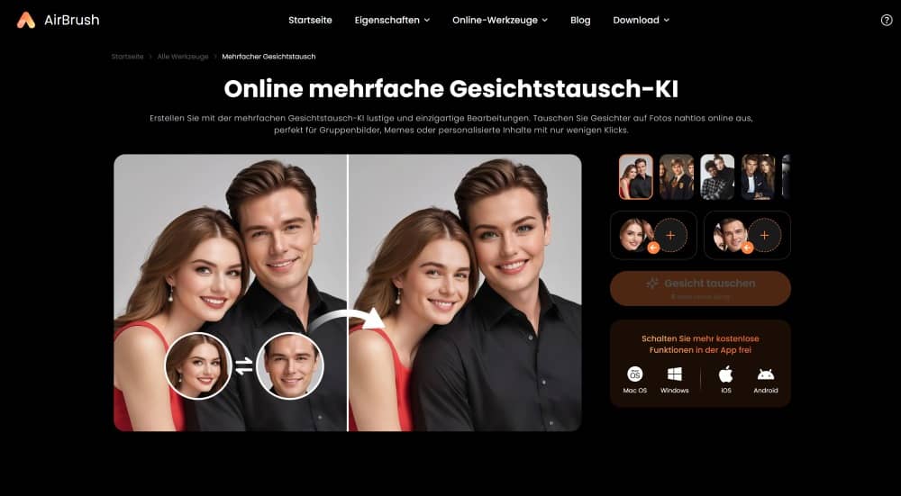 AirBrush Web Screenshot GE - Multiple Face Swap main page