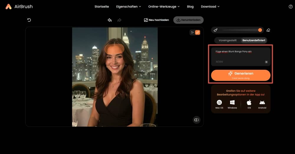 AirBrush Web Screenshot GE - ai hairstyle bangs filter custom promnt and generate