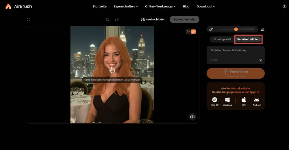 AirBrush Web Screenshot GE - ai hairstyle bangs filter custom