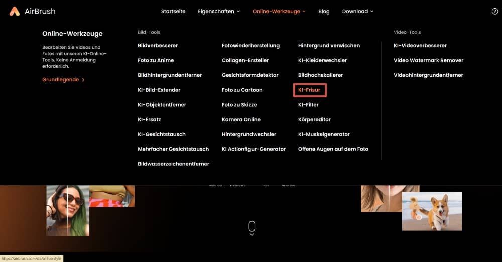 AirBrush Web Screenshot GE - menu ai hairstyle