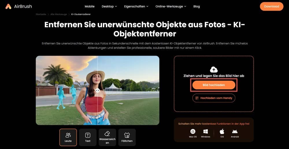 AirBrush Web Screenshot GE - remove people from photos AI Object Remover upload image
