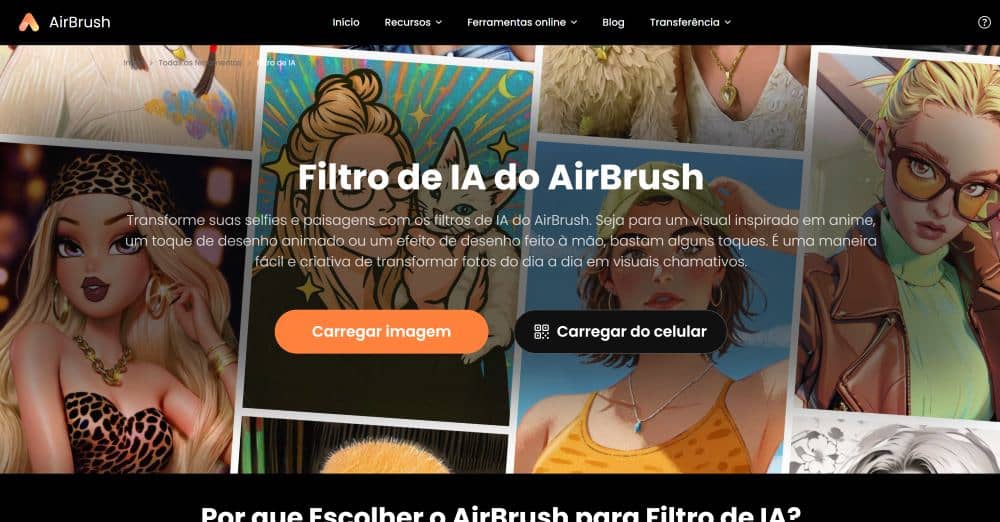 AirBrush Web Screenshot PT - ai filters main page
