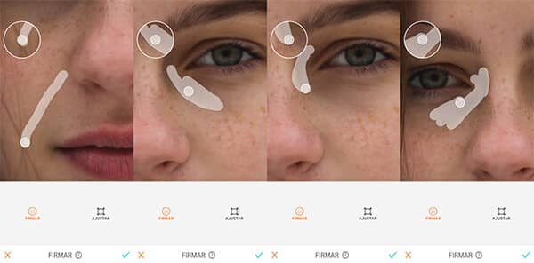 Montagem com 4 fotos de uma mulher com sardas mostrando como usar a ferramenta Firmar do AirBrush.