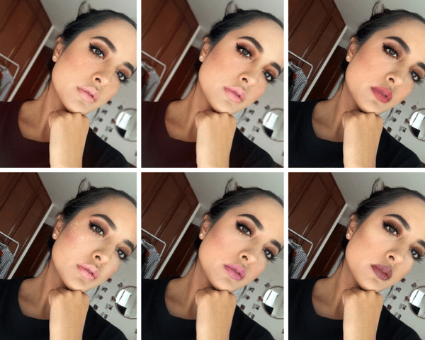 Un collage con seis fotos de una chica morena con el pelo recogido, con seis tipos de maquillaje diferentes.