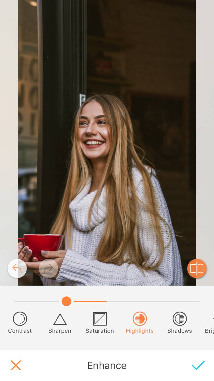 A picture of a blonde woman being edited with the Highlights, by AirBrush 