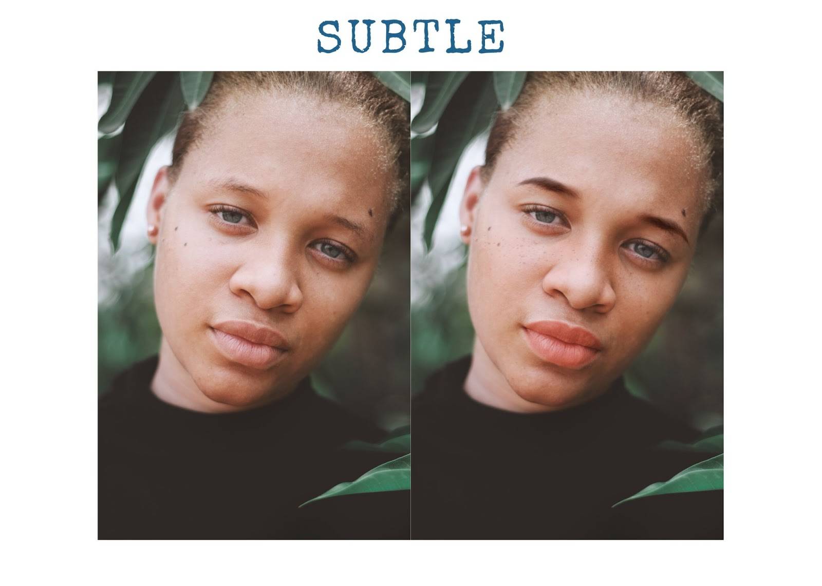 closeup of woman with grey eyes wearing a black shirt