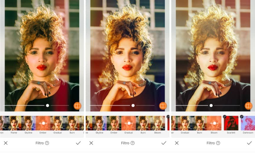 mujer antes y después de aplicar diferentes filtros