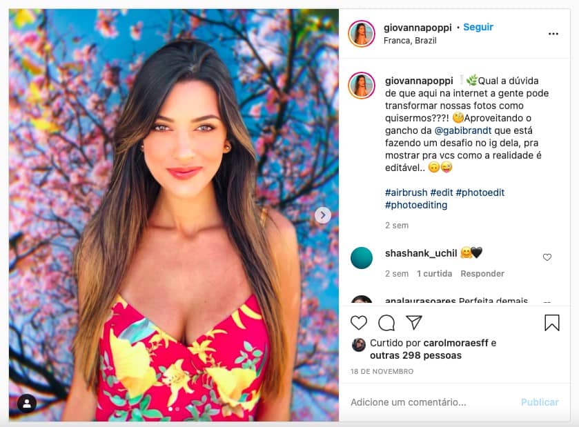 Print da foto do instagram do perfil da Giovanna Poppi em que a foto está com um fundo editado 