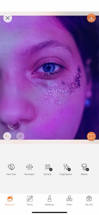 It's an image of a white girl, with blue eyes and glitter in her eyes, being edited with AirBrush App.