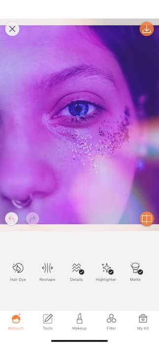 It's an image of a white girl, with blue eyes and glitter in her eyes, being edited with AirBrush App.