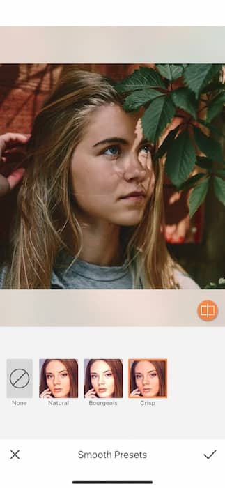 Picture of a blonde girl with plants in her eyes being edited by AirBrush