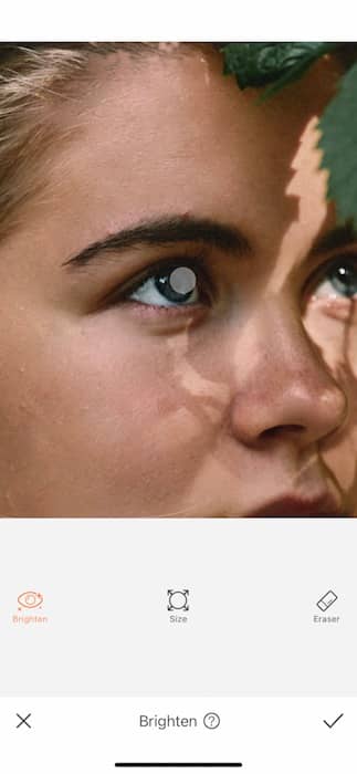 Picture of a blonde girl with plants in her eyes being edited by AirBrush