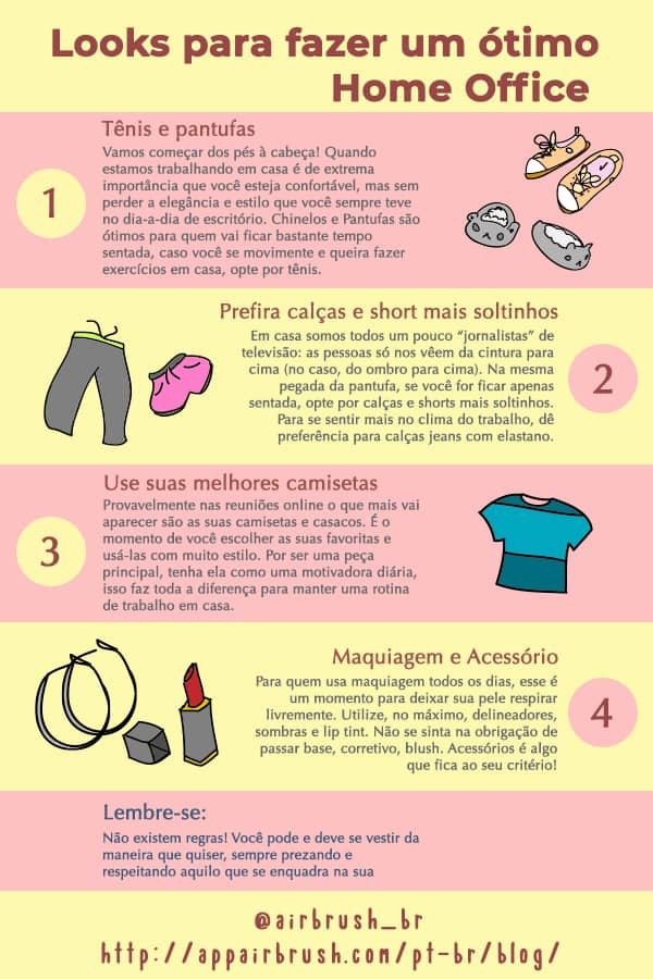 Infográfico com 3 passos com dicas para looks incríveis para trabalhar em casa. 