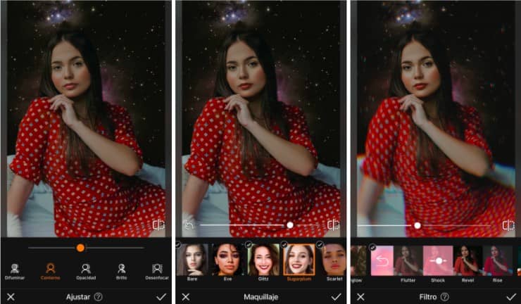 mujer joven con vestido rojo y cabello largo oscuro, con fondo de estrellas