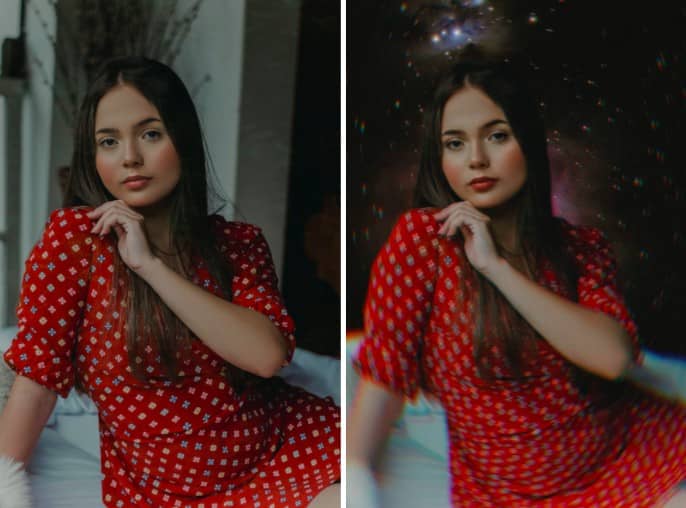mujer joven con vestido rojo y cabello largo oscuro con fondo de estrellas.