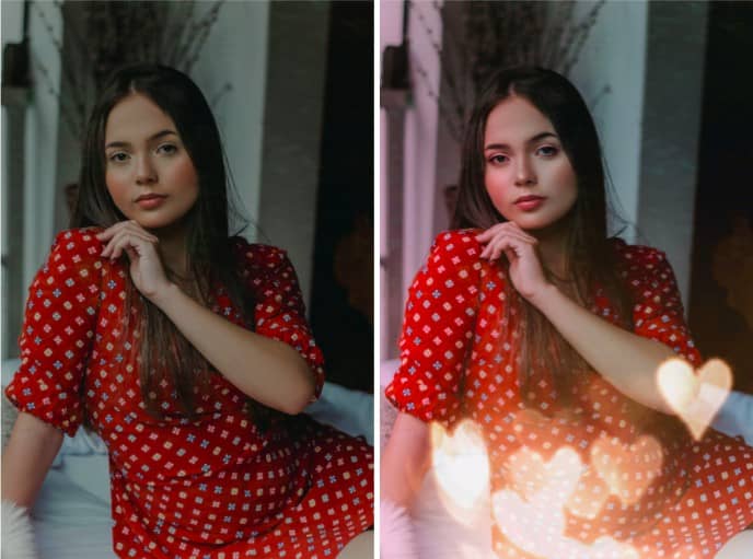 mujer joven con vestido rojo y cabello largo oscuro con filtro de corazones