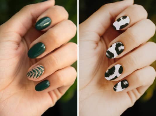 antes y después de uñas verdes y uñas de animal print