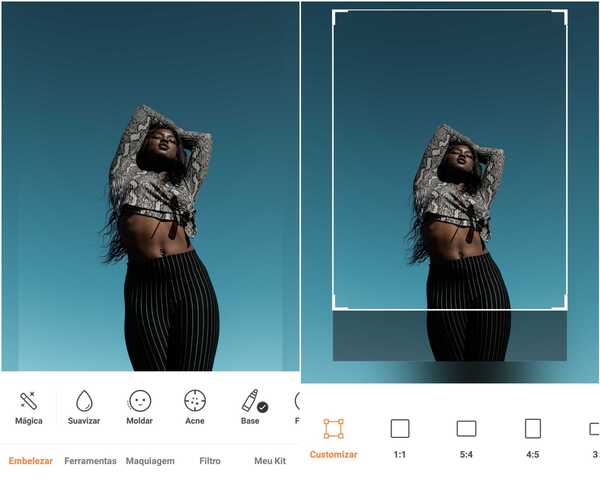 Foto de uma mulher negra de pé em um fundo azul sendo editada no app AirBrush