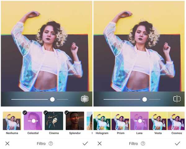 Foto de uma mulher usando uma jaqueta holográfica sendo editada no app AirBrush