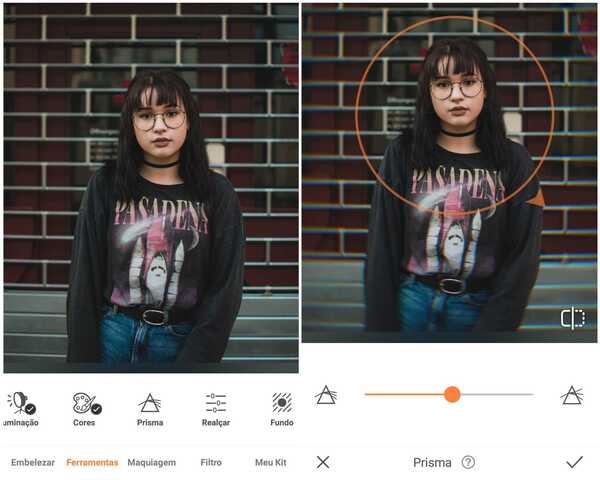 Foto de uma garota usando uma camiseta preta estampada sendo editada pelo app AirBrush