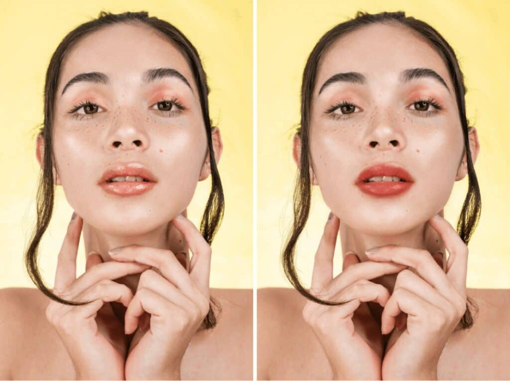 woman holding her face in front of a yellow background