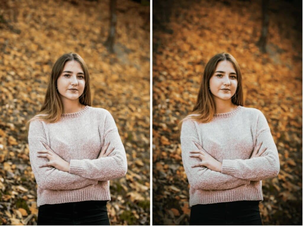 woman wearing a light pink sweater in fall