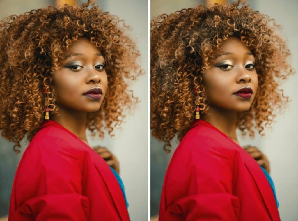 woman wearing red jacket with glittering eye makeup